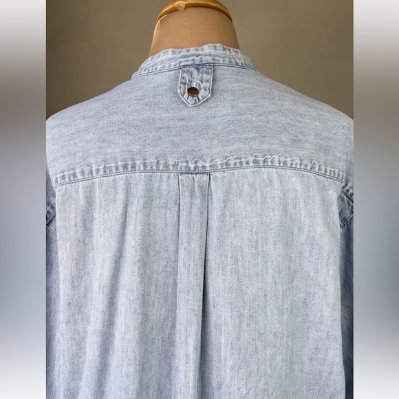 Southwestern Pintuck Cotton Chambray Denim Mandarin Collar Button Shirt Top M - Picture 4 of 5